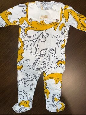 Versace White & Yellow Baroque Print Baby One-Piece NWOT
